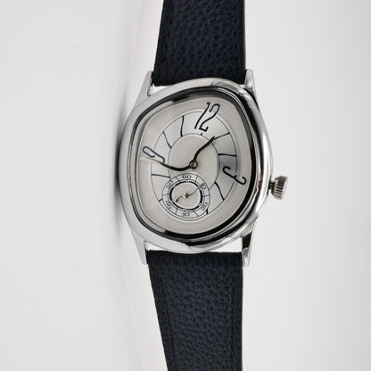 Men's Gold and Navy Leather Strap Barrel Vintage Inspired Watch, view 3