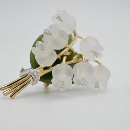 Rock Crystal, Diamond, Nephrite and Lily of the Valley Earrings, Antique Inspired, 18K Gold, view 3