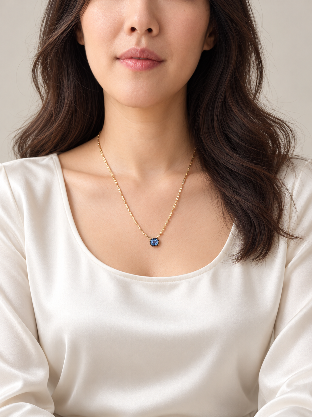 Lab Sapphire Gold Trombone Chain Necklace, 18K Gold