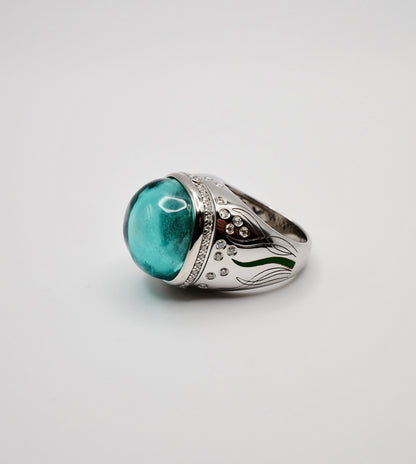 Aquamarine Cabochon Ring with Hidden Opening Starfish, view 2
