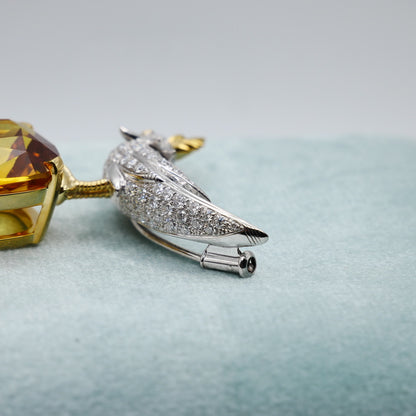 Bird Brooch with Elongated Cushion Citrine and Moissanites, 18K Gold Filled, view 8