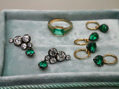 Georgian Victorian Climbing Collet Emerald and Moissanite Stud Earrings, view 11