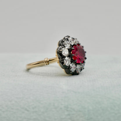 Lab Ruby and Diamond Cluster Ring in Georgian Collet Setting, view 3