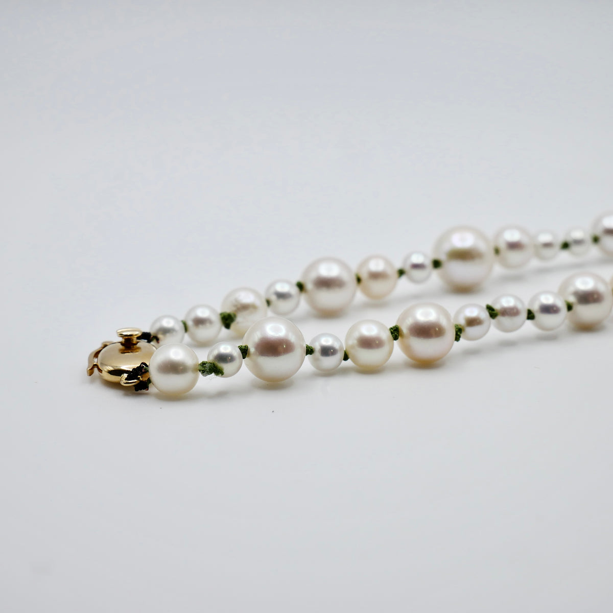 Graduated Freshwater Pearl Necklace with Georgian Set Lab Diamond on Silk Cord, 14K Gold, Ready to Ship