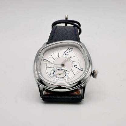 Men's Gold and Navy Leather Strap Barrel Vintage Inspired Watch, view 2