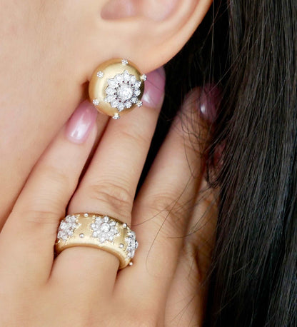 Round Engraved Gold Button Silk Diamond Earrings, 18K Gold, view 8