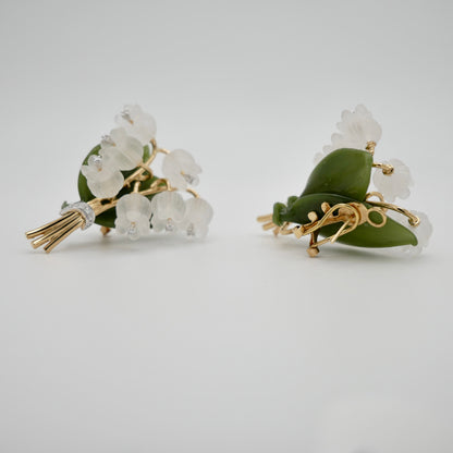 Rock Crystal, Diamond, Nephrite and Lily of the Valley Earrings, Antique Inspired, 18K Gold, view 5