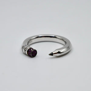 Platinum Pencil Ring With Baguette Moissanites and Pink Lab Rubies