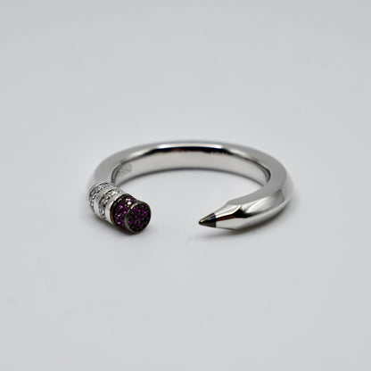 Platinum Pencil Ring With Baguette Moissanites and Pink Lab Rubies