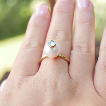 Pearl and Aquamarine Ring, 14K Gold, view 9