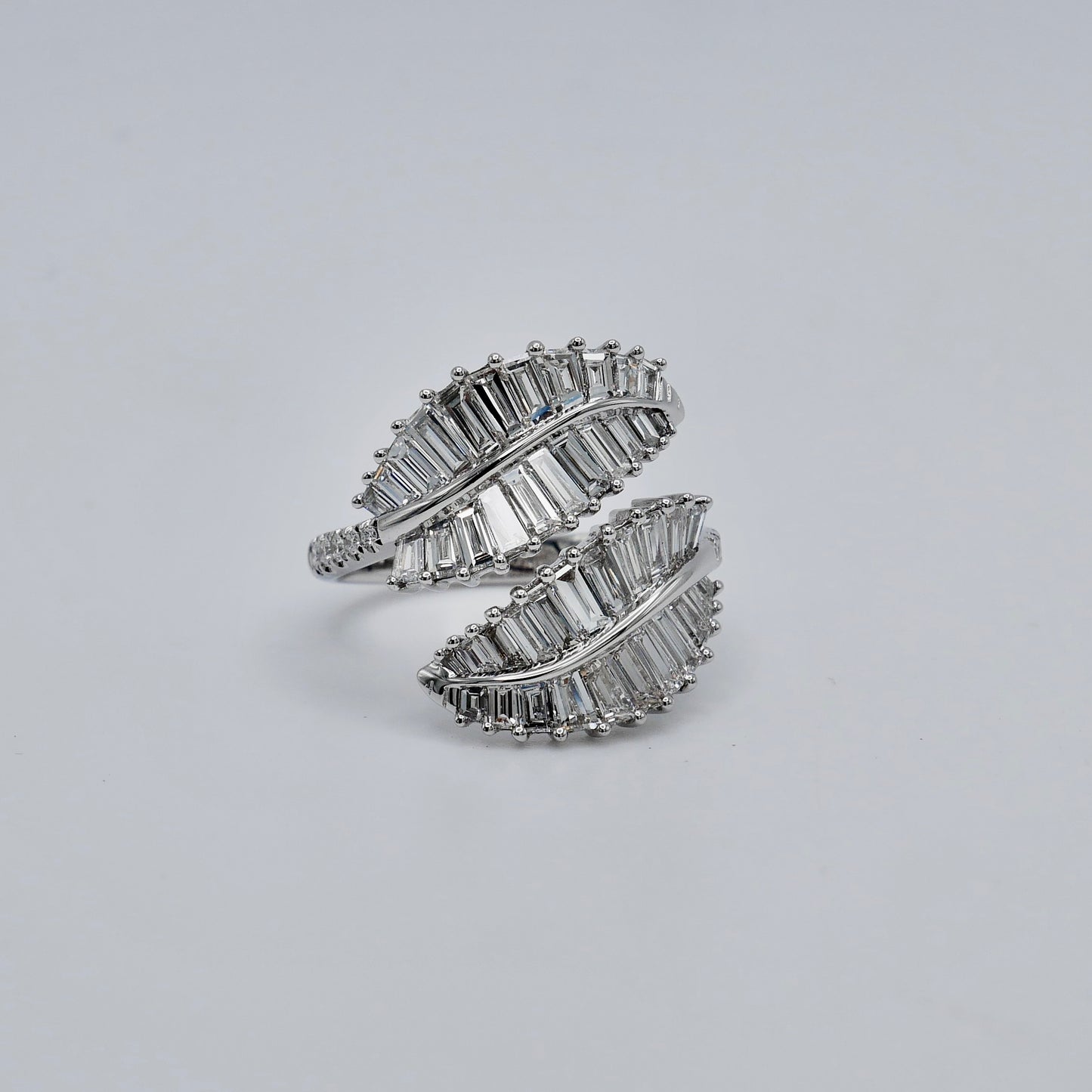 Double palm leaf ring with baguette lab diamonds in 18K white gold, view 2