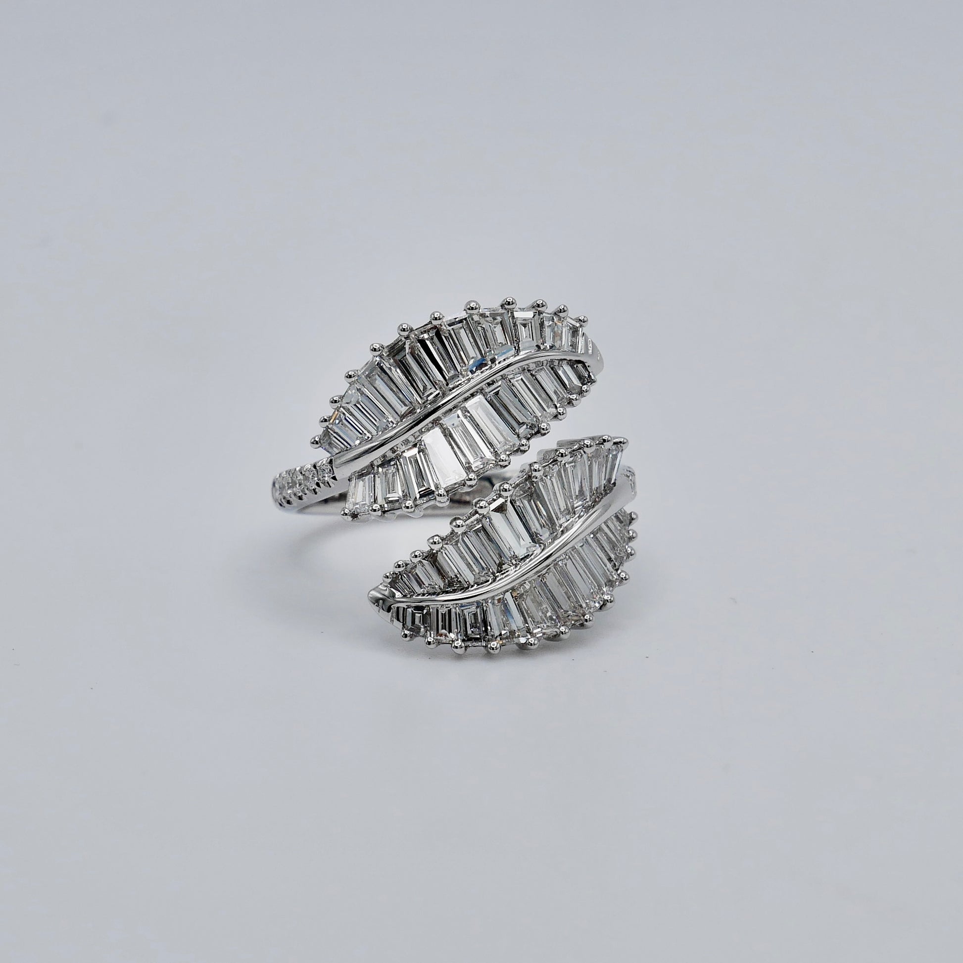 Double palm leaf ring with baguette lab diamonds in 18K white gold, view 2