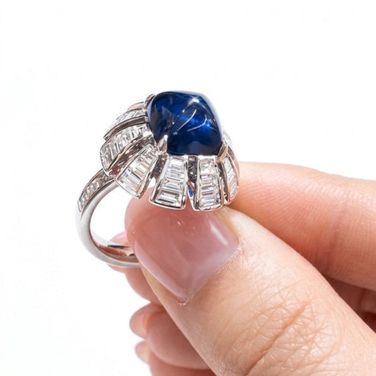 Lab Sapphire Sugarloaf Ring with Carré Cut Lab Diamonds in Platinum, Art Deco Cocktail Ring, Blue Gemstone Statement Ring