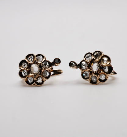 Georgian Victorian Gold Cluster Flower Cut Diamond Lever Earrings, 14K Gold, view 3