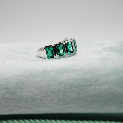 Half Eternity Lab Grown Emerald Cut Emerald Ring in Platinum Bezel Setting, view 6