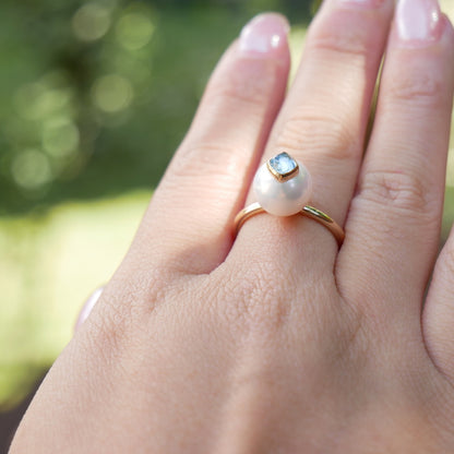 Pearl and Aquamarine Ring, 14K Gold, view 8