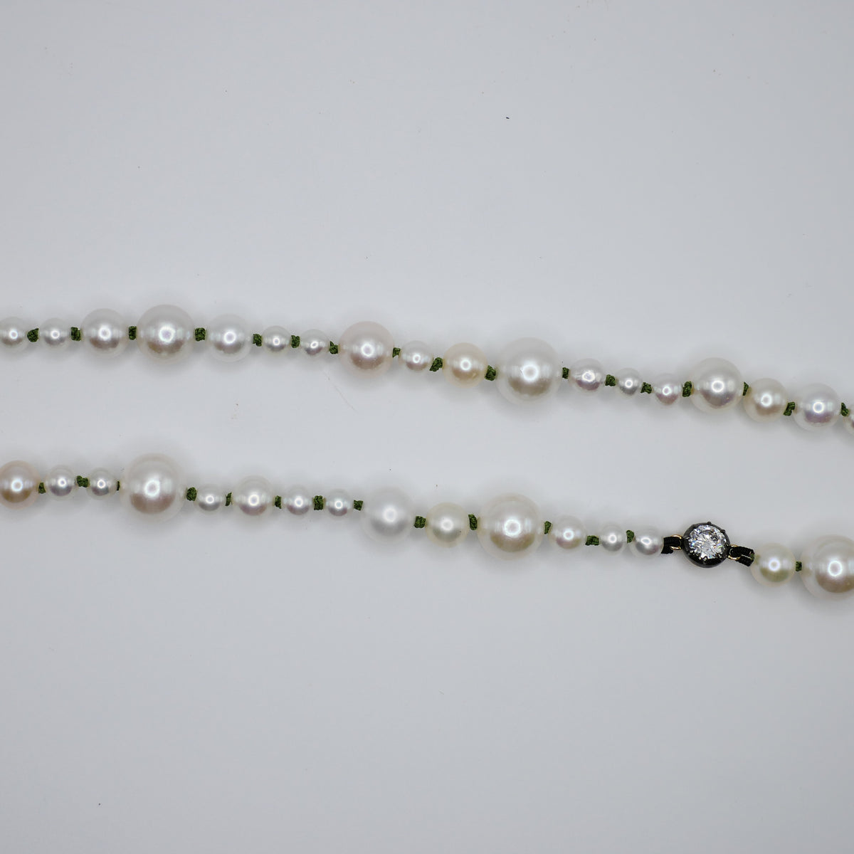 Graduated Freshwater Pearl Necklace with Georgian Set Lab Diamond on Silk Cord