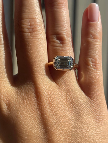 Georgian Victorian Moissanite Platinum and Gold Elongated East West Button Back Collet Ring, view 7