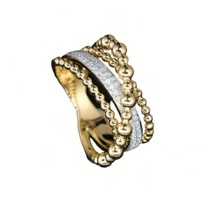 Ball and Diamond Criss Cross Ring, 18K Gold, view 2