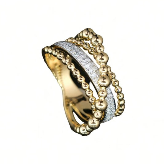 Ball and Diamond Criss Cross Ring, 18K Gold, view 2