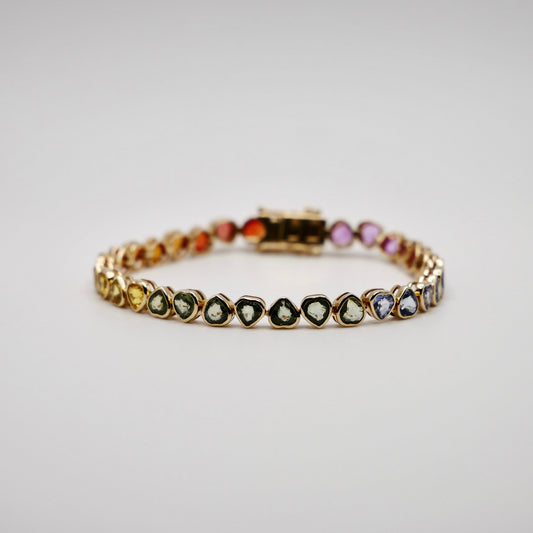 14K Solid Gold Multi Rainbow Heart Sapphire Tennis Bracelet in 15 cm