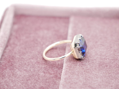 Georgian Victorian Emerald Cut Blue Sapphire Button Back Collet Ring, view 6