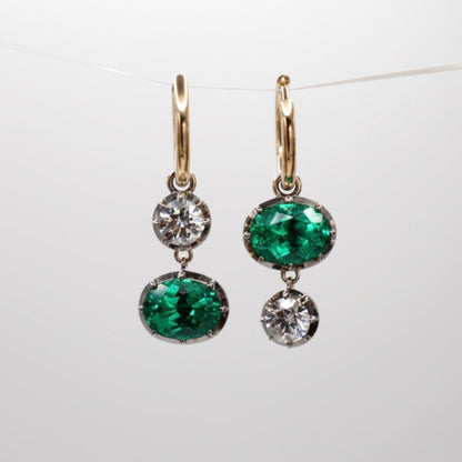 Oval Emerald and Round Moissanite Georgian Victorian Mismatched or Gold Hoop Earrings