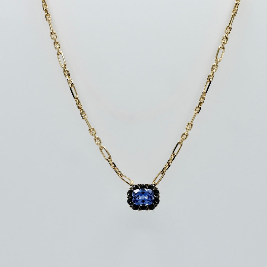 Lab Sapphire Gold Trombone Chain Necklace, 18K Gold