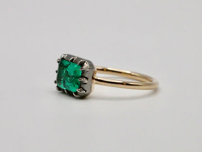 Georgian Victorian Emerald Cut Emerald Button Back Collet Ring, view 8