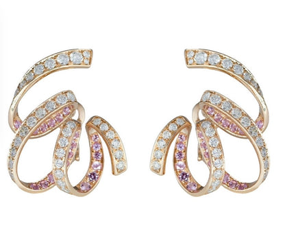 Diamond and Pink Sapphire Ribbon Loop Studs, 18K Gold