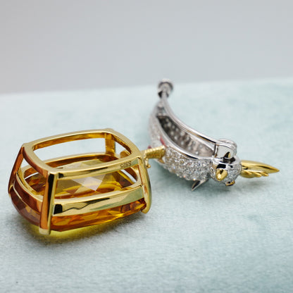 Bird Brooch with Elongated Cushion Citrine and Moissanites, 18K Gold Filled, view 10
