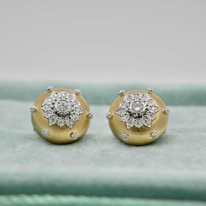 Round Engraved Gold Button Silk Diamond Earrings, 18K Gold, view 5