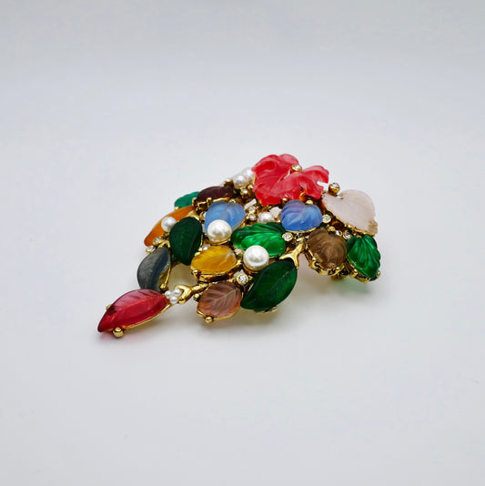 Vintage Gold Plated Tutti Frutti Carved Glass Leaf Brooch Art Deco Inspired, 18K Gold
