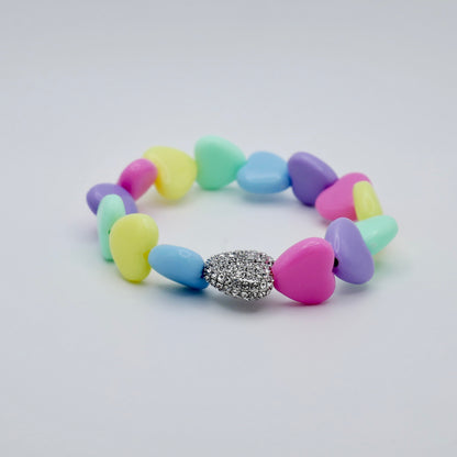 Pastel Heart Bead Stretch Bracelet with Heart Bead, 18K Gold Filled with Pave Moissanites, Ready to Ship