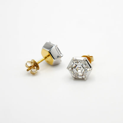 Georgian Victorian Hexagon Honeycomb Moissanite Stud Earrings, 18K Gold, view 3