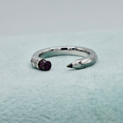 Platinum Pencil Ring With Baguette Moissanites and Pink Lab Rubies, view 4