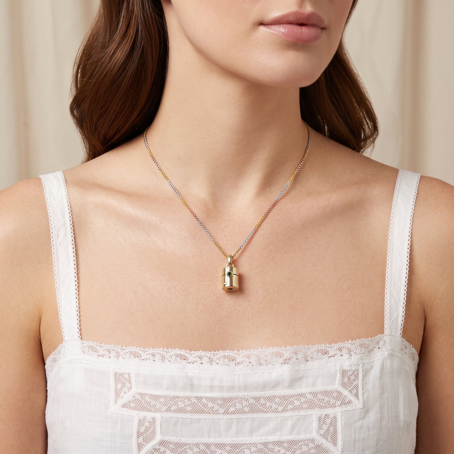 Vintage Style Pill Box Pendant Necklace with Green Tourmaline in 14K or 18K Gold