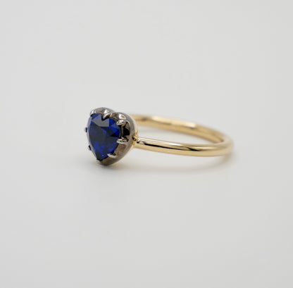 Georgian Victorian Heart Shaped Sapphire and Gold Collet Button Back Ring, view 2