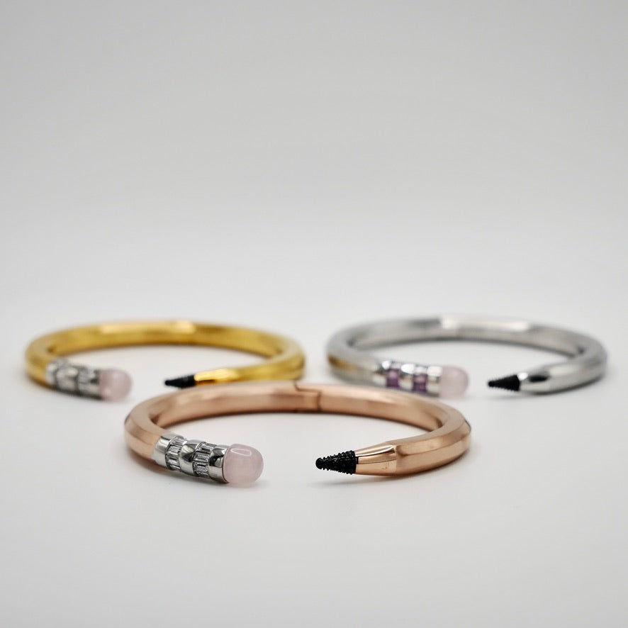 Pencil Bangle with Moissanite and Pink Nephrite, 18K Gold Filled, Ready to Ship