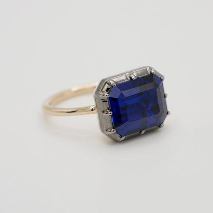 Georgian Victorian Emerald Cut Blue Sapphire Button Back Collet Ring