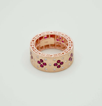 Silk Engraved Ring with Lab Rubies and Moissanites, 14K Gold, view 4