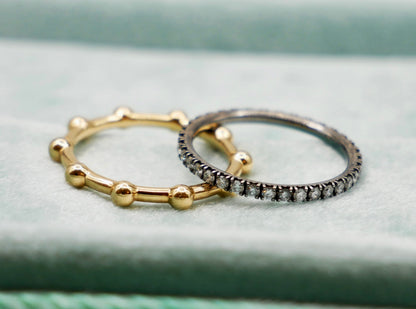 Thin Round Bead Sphere Ring and Micro Pave Thin Gold Diamond or Moissanite Set, view 2