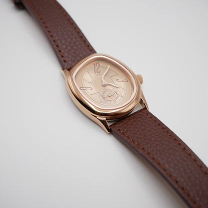 Men's Gold and Brown Leather Strap Barrel Vintage Inspired Watch, view 7