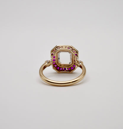 Portrait Cut Moissanite or Diamond Art Deco Ring with Caliber Cut Lab Grown Rubies, 14K Yellow Gold, view 5