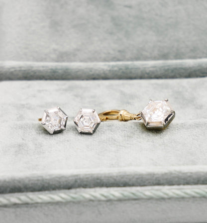 Georgian Victorian Ball Chain Hexagon Honeycomb Moissanite/Diamond Pendant, 18K Gold, view 10