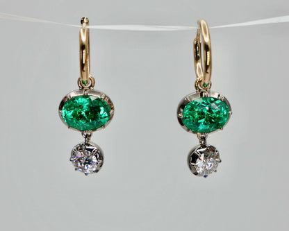 Oval Emerald and Round Moissanite Georgian Victorian Gold Hoop Earrings, view 2