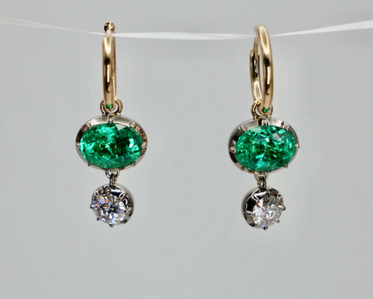 Oval Emerald and Round Moissanite Georgian Victorian Gold Hoop Earrings, view 2