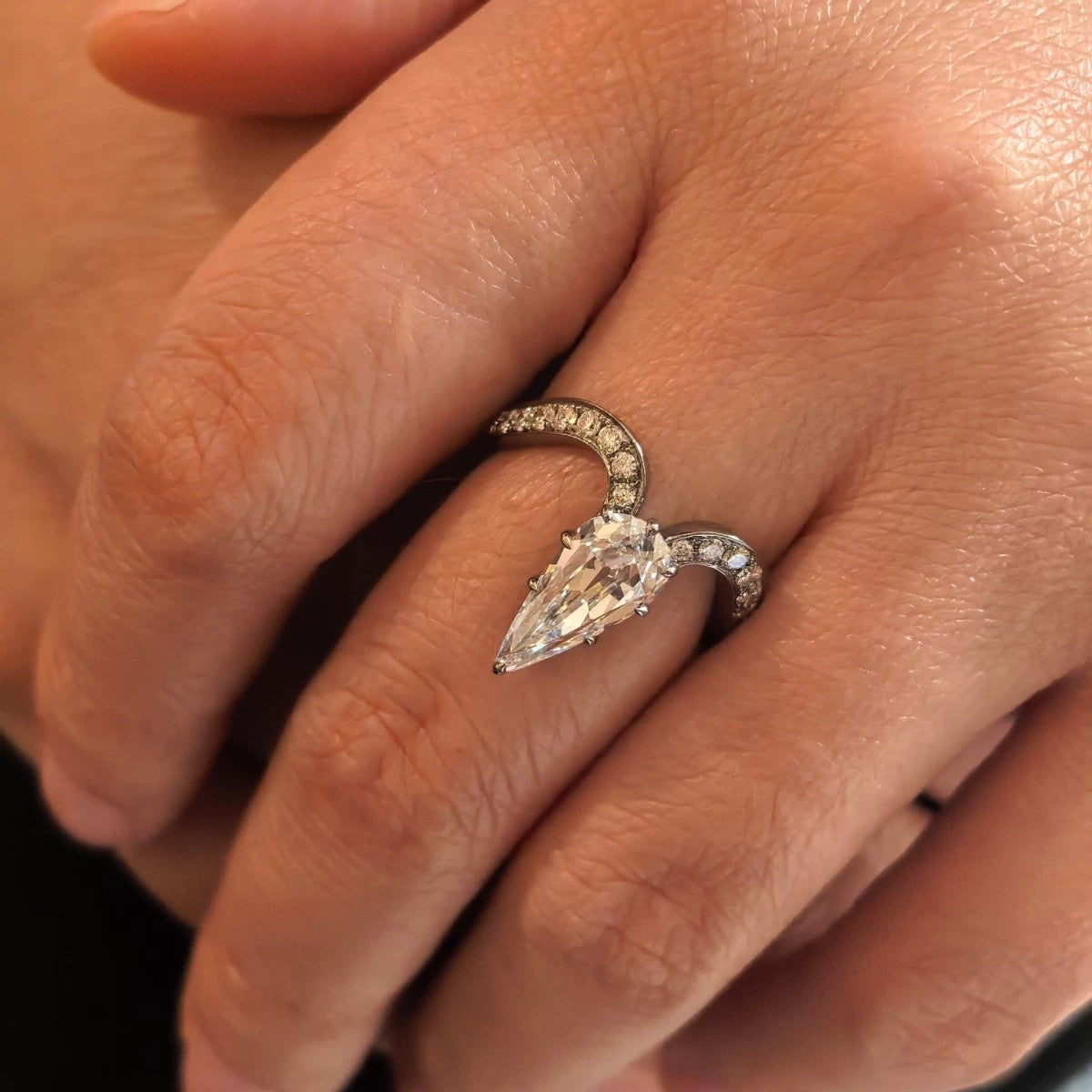 14K or 18K Blackened Gold Pear Sculptural Diamond Ring | 2 Carat Old Cut Diamond | Jessica McCormack style | Fred Leighton inspired | Zendaya engagement ring style | Zoe Kravitz jewelry | Georgian Victorian antique inspired jewelry | by Disco Marshmallow