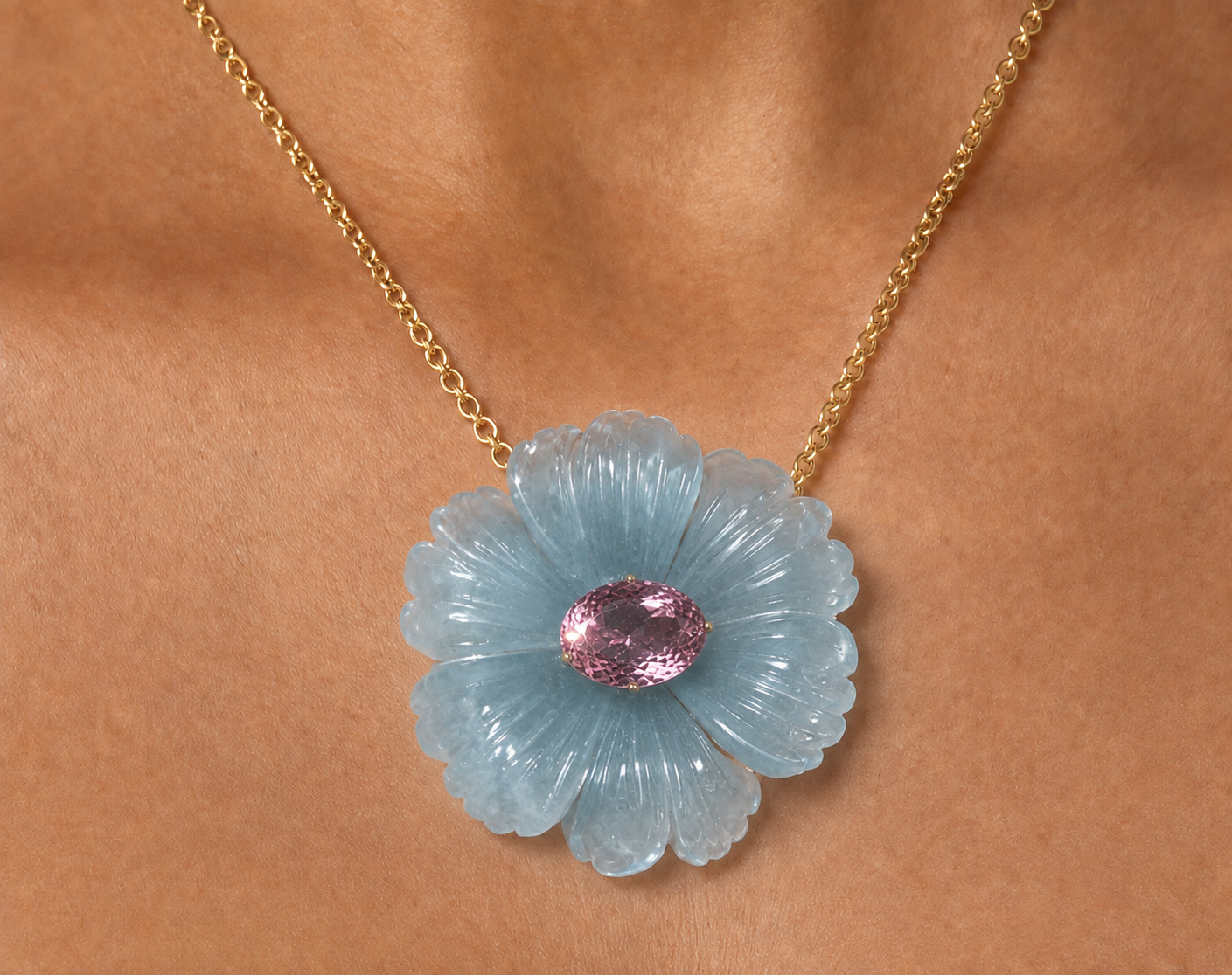 Carved Aquamarine Tropical Flower Necklace with Pink Tourmaline in 14K or 18K Gold