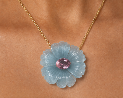 Carved Aquamarine Tropical Flower Necklace with Pink Tourmaline in 14K or 18K Gold